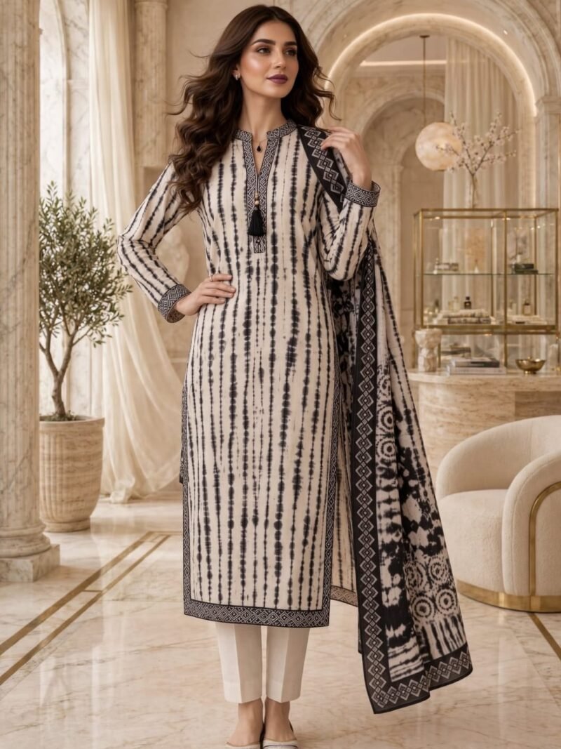 Black & Ivory Tie-Dye Stripe 3 Piece Suit with Printed Dupatta