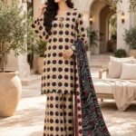 Beige Polka Dot Rose Print 3 Piece Suit with Black Printed Dupatta