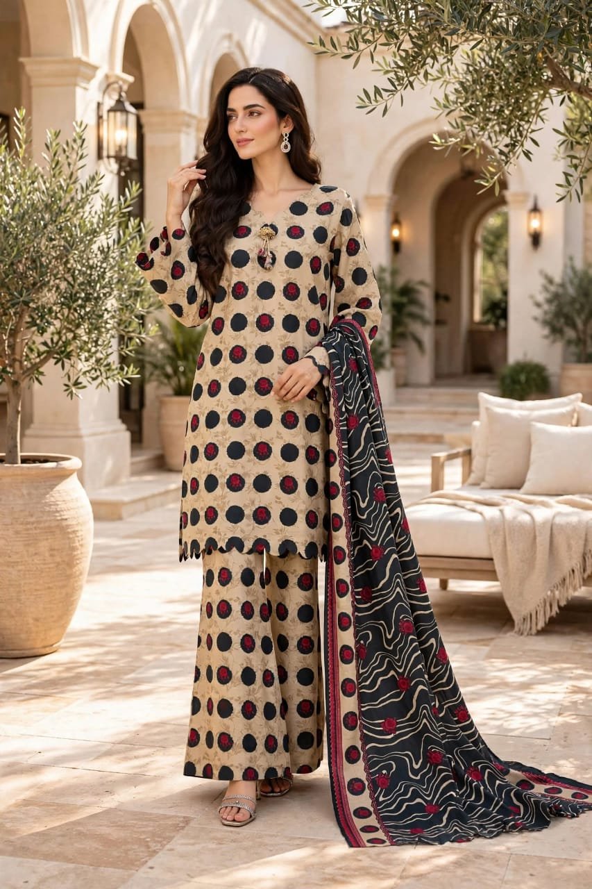Bin-Saeed-beige-polka-rose-3-piece-suit Beige Polka Dot Rose Print 3 Piece Suit with Black Printed Dupatta - Image 1