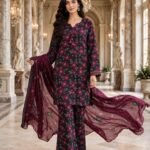 Black Burgundy Floral Print 3 Piece Suit with Chiffon Dupatta