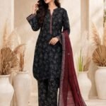 Black Grey Floral Print 3 Piece Suit with Maroon Dupatta