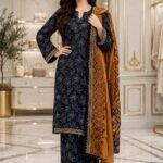 Black Navy Floral Print 3 Piece Suit with Mustard Dupatta