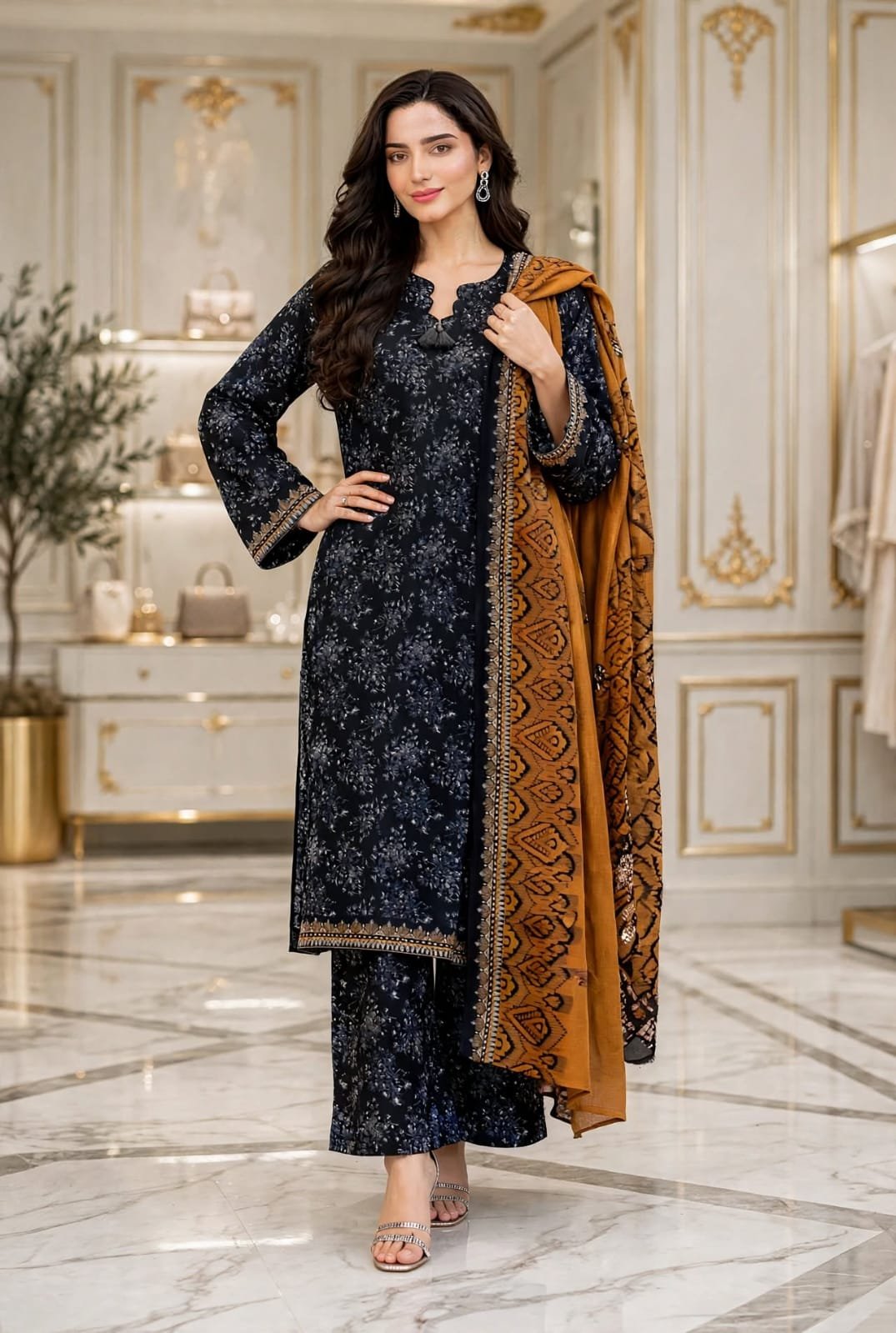 Bin-Saeed-black-navy-floral-mustard-3-piece-suit Black Navy Floral Print 3 Piece Suit with Mustard Dupatta - Image 1