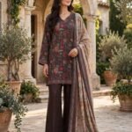 Chocolate Brown Multicolor Floral 3 Piece Suit with Printed Dupatta