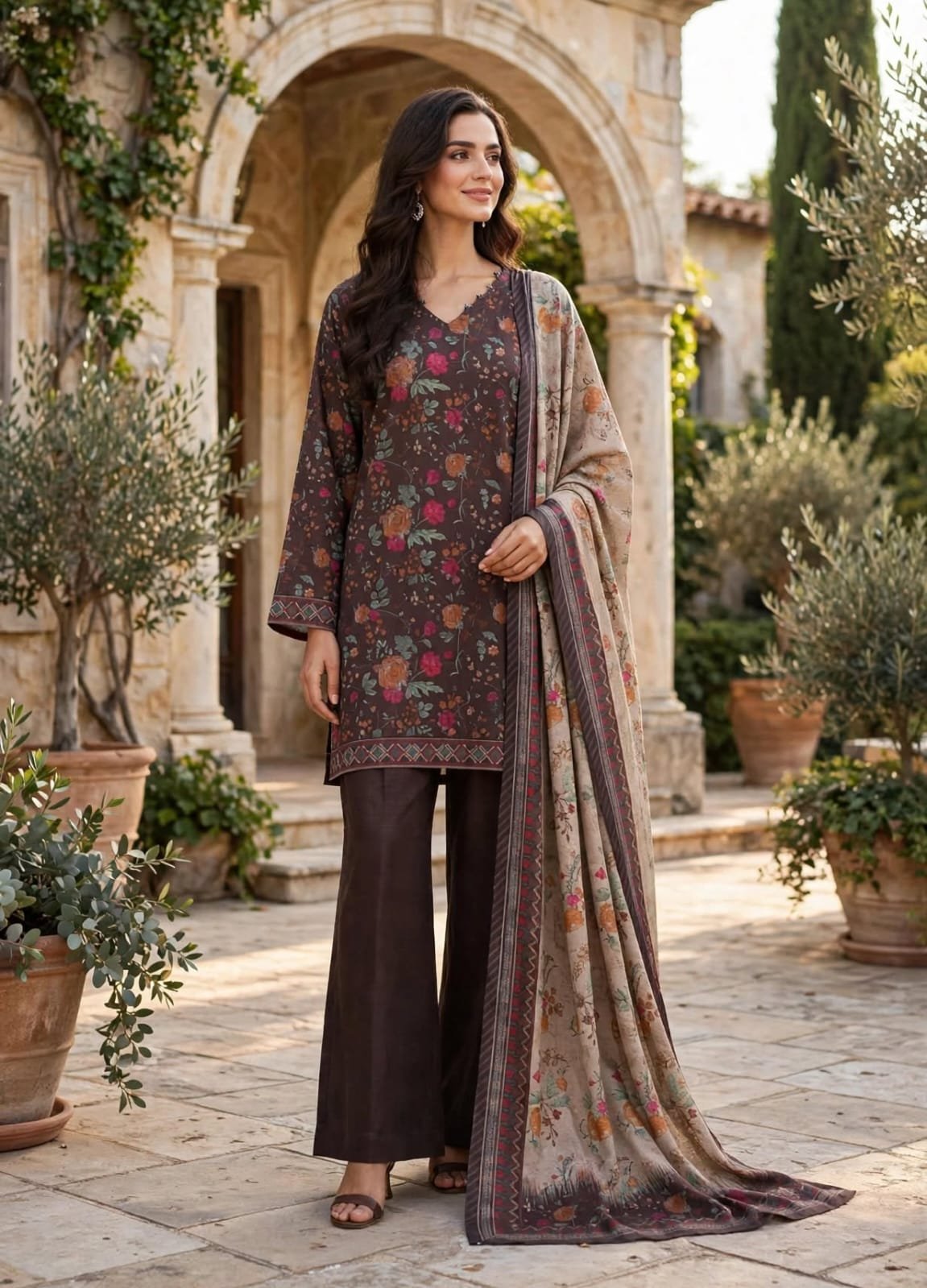 Bin-Saeed-chocolate-brown-floral-3-piece-suit Chocolate Brown Multicolor Floral 3 Piece Suit with Printed Dupatta - Image 1