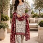 Cream Grey Floral Print 3 Piece Suit with Red Floral Dupatta