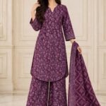 Deep Purple Floral Print 3 Piece Suit with Lattice Dupatta