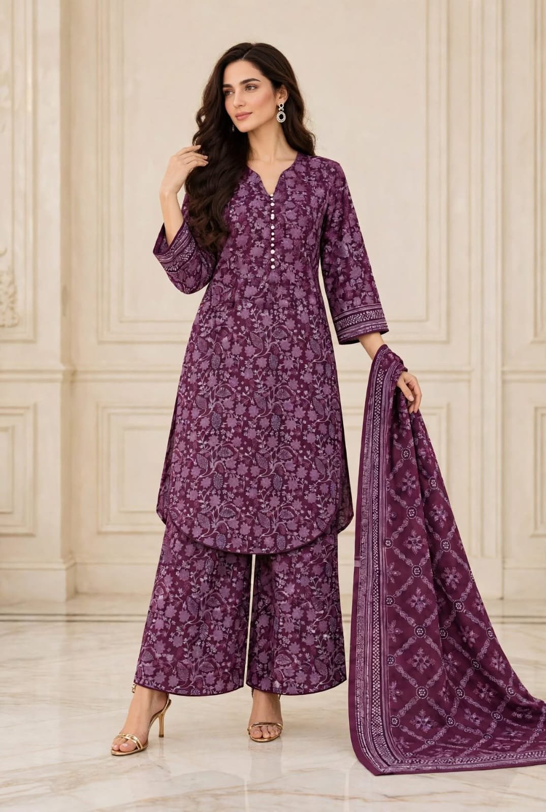 Bin-Saeed-deep-purple-floral-3-piece-suit Deep Purple Floral Print 3 Piece Suit with Lattice Dupatta - Image 1