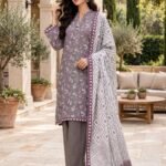 Grey Purple Floral Print 3 Piece Suit with Geometric Dupatta