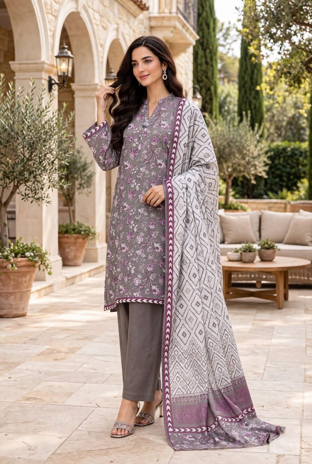 Bin-Saeed-grey-purple-floral-3-piece-suit Grey Purple Floral Print 3 Piece Suit with Geometric Dupatta - Image 1