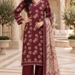Maroon Cream Flower Print 3 Piece Suit with Chevron Dupatta