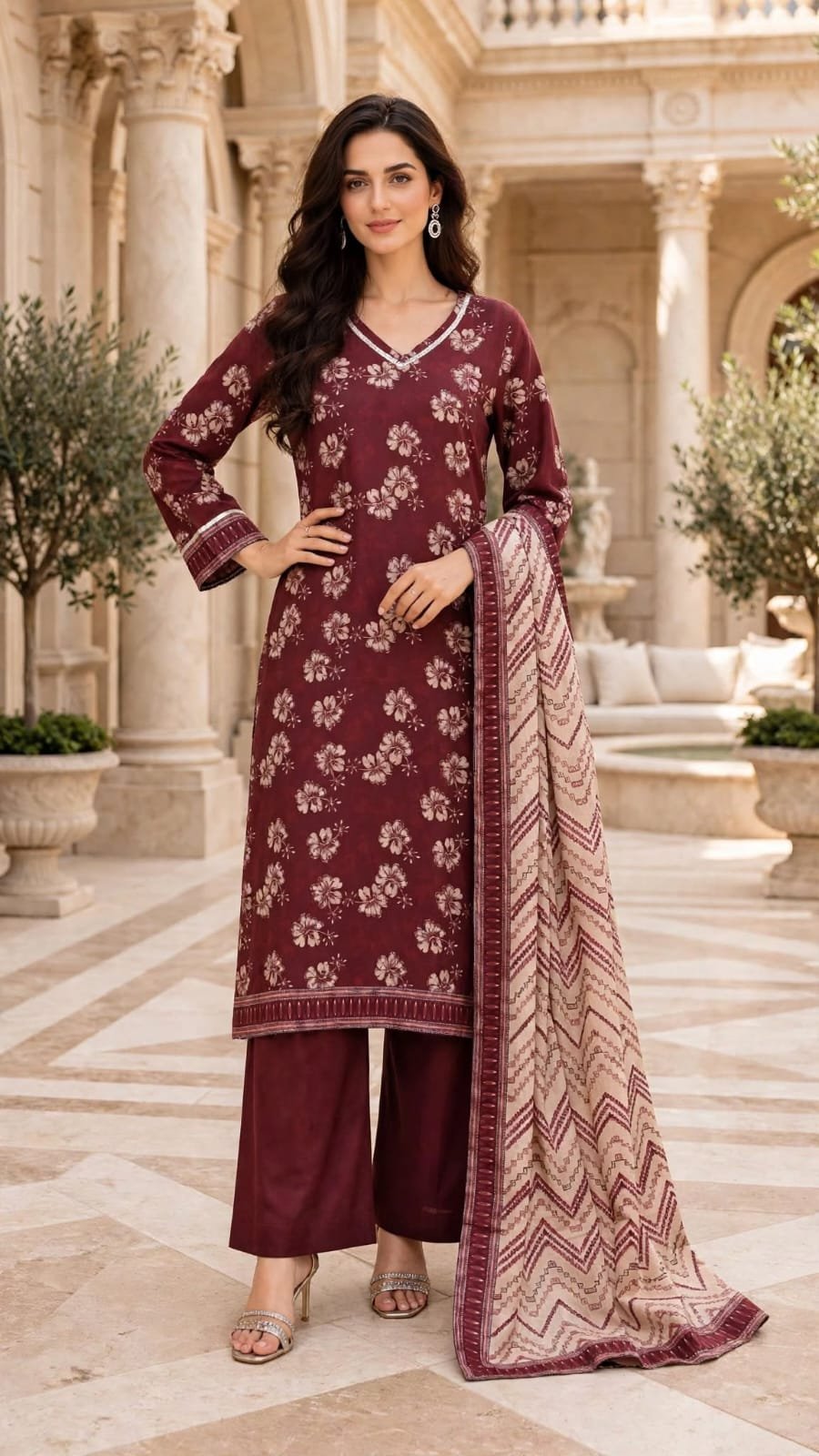 Bin-Saeed-maroon-cream-flower-3-piece-suit Maroon Cream Flower Print 3 Piece Suit with Chevron Dupatta - Image 1