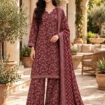 Maroon Leaf Floral Print 3 Piece Suit with Lattice Dupatta