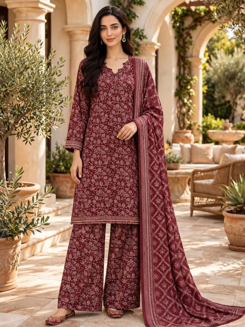 Maroon Leaf Floral Print 3 Piece Suit with Lattice Dupatta