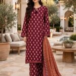 Maroon Paisley Buti Print 3 Piece Suit with Rust Geometric Dupatta