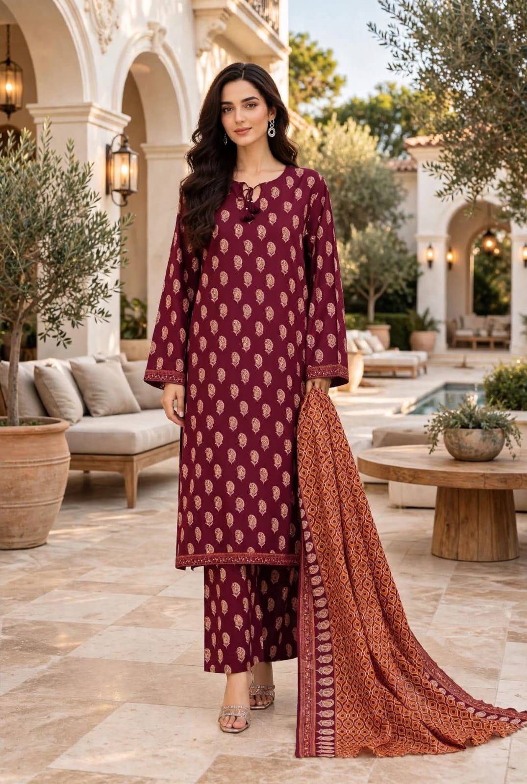 Bin-Saeed-maroon-paisley-buti-3-piece-suit Maroon Paisley Buti Print 3 Piece Suit with Rust Geometric Dupatta - Image 1