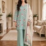 Mint Green Floral Print 3 Piece Suit with Cream Floral Dupatta