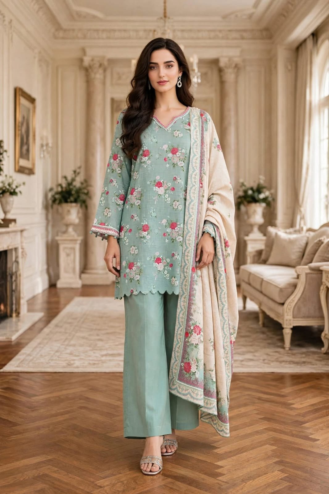 Bin-Saeed-mint-green-floral-3-piece-suit Mint Green Floral Print 3 Piece Suit with Cream Floral Dupatta - Image 1