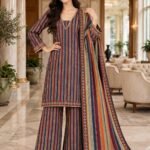 Multicolor Stripe Print 3 Piece Suit with Striped Dupatta