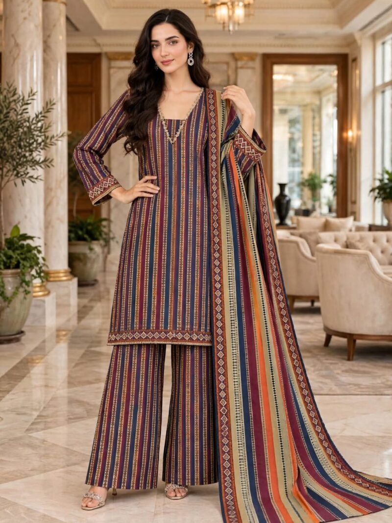 Multicolor Stripe Print 3 Piece Suit with Striped Dupatta