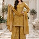 Mustard Floral Print 3 Piece Suit with Chiffon Dupatta