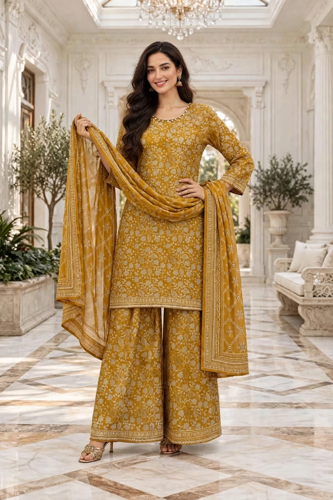 Bin-Saeed-mustard-floral-3-piece-suit Mustard Floral Print 3 Piece Suit with Chiffon Dupatta - Image 1