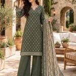 Olive Green Gold Buti Print 3 Piece Suit with Cream Dupatta