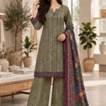 Olive Green Geometric Stripe 3 Piece Suit with Multicolor Dupatta