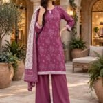 Orchid Plum Floral Print 3 Piece Suit with Ikat Print Dupatta