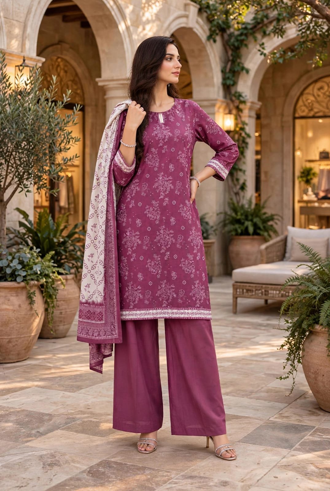 Bin-Saeed-orchid-plum-floral-3-piece-suit Orchid Plum Floral Print 3 Piece Suit with Ikat Print Dupatta - Image 1