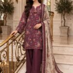 Plum Floral Print 3 Piece Suit with Beige Floral Dupatta