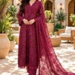 Berry Wine Lace Embroidered 3 Piece Suit with Floral Net Dupatta