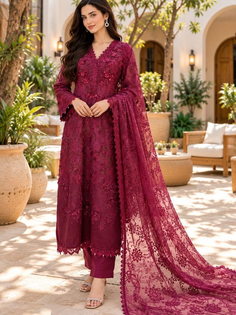 Berry Wine Lace Embroidered 3 Piece Suit with Floral Net Dupatta