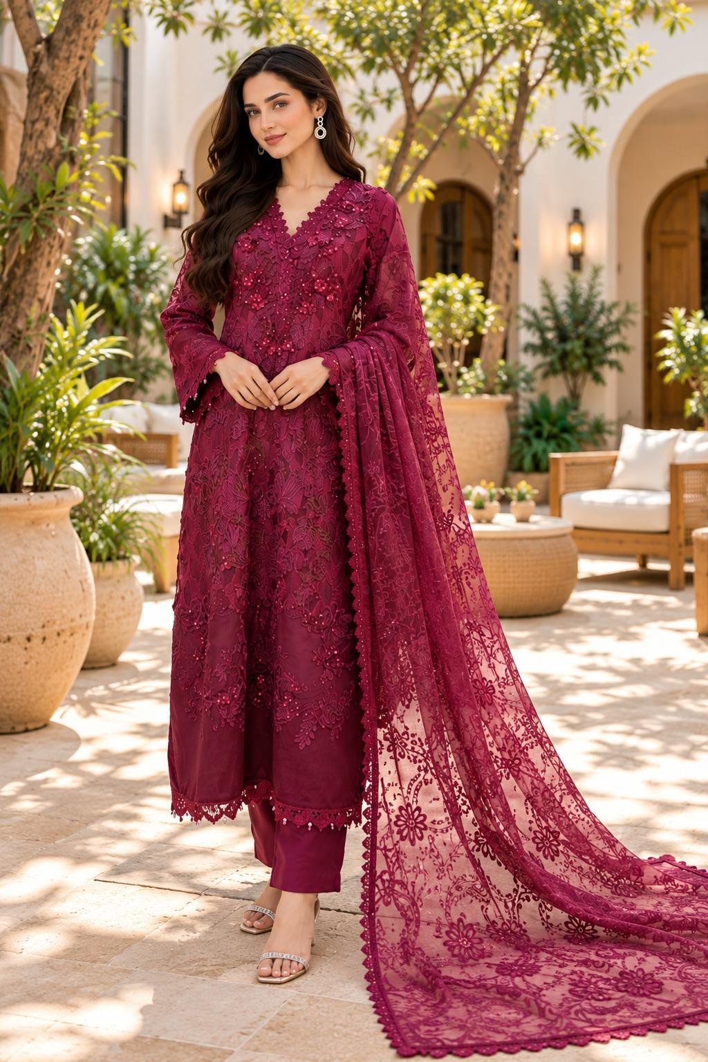Maria-B-berry-wine-lace-3-piece-suit Berry Wine Lace Embroidered 3 Piece Suit with Floral Net Dupatta - Image 1
