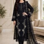 Black Gold Floral Embroidered 3 Piece Suit with Scalloped Net Dupatta