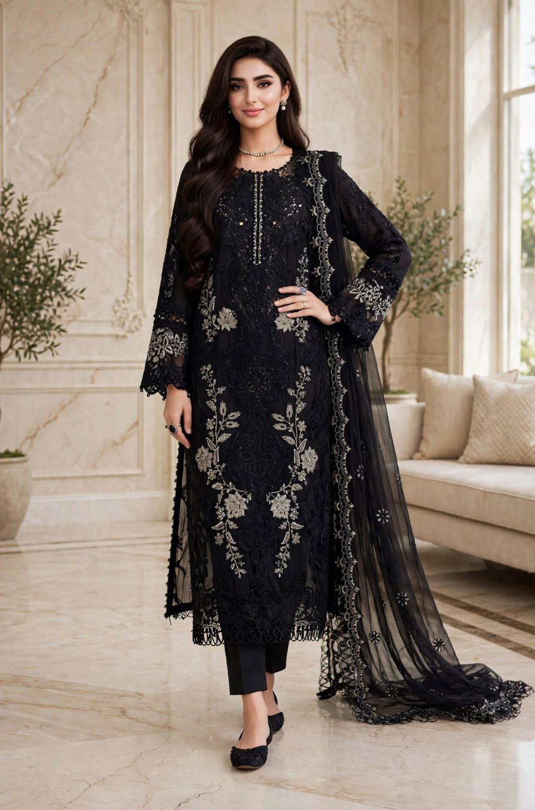 Maria-B-black-gold-floral-embroidered-3-piece-suit Black Gold Floral Embroidered 3 Piece Suit with Scalloped Net Dupatta - Image 1