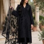 Black Lace Embroidered 3 Piece Suit with Floral Net Dupatta