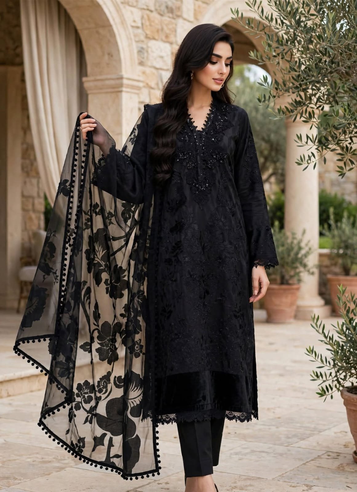 Maria-B-black-lace-floral-3-piece-suit Black Lace Embroidered 3 Piece Suit with Floral Net Dupatta - Image 1
