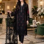 Black Red Floral Embroidered 3 Piece Suit with Black Net Dupatta