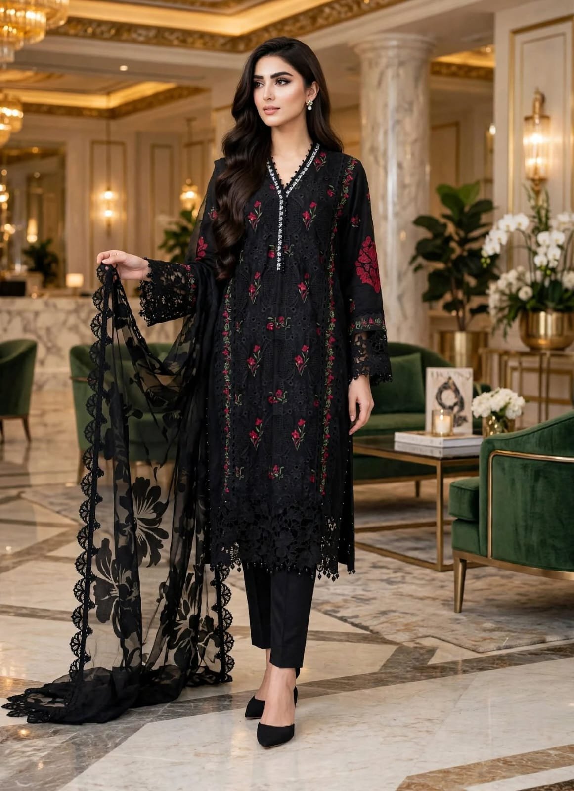 Maria-B-black-red-floral-lace-3-piece-suit Black Red Floral Embroidered 3 Piece Suit with Black Net Dupatta - Image 1