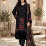 Black Red Rose Embroidered 3 Piece Suit with Velvet Hem and Printed Dupatta