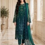 Emerald Teal Embroidered 3 Piece Suit with Shaded Dupatta