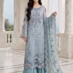 Ice Blue Embroidered 3 Piece Suit with Flared Sharara and Net Dupatta