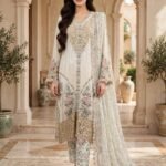 Ivory Sequin Embroidered 3 Piece Suit with Pastel Floral Dupatta