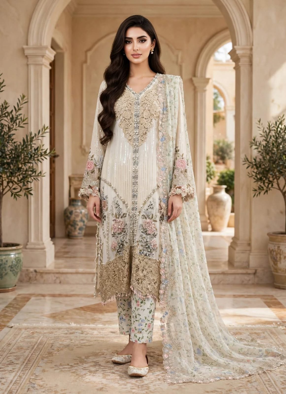 Maria-B-ivory-sequin-pastel-floral-3-piece-suit Ivory Sequin Embroidered 3 Piece Suit with Pastel Floral Dupatta - Image 1