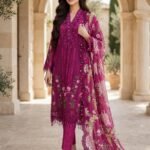 Magenta Eyelet Embroidered 3 Piece Suit with Floral Print Dupatta