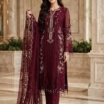 Maroon Floral Embroidered 3 Piece Suit with Pearl-Edged Chiffon Dupatta