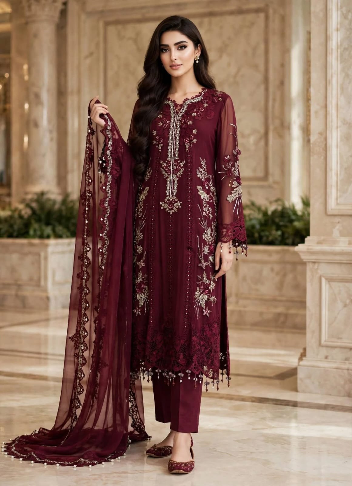 Maria-B-maroon-floral-embroidered-3-piece-suit Maroon Floral Embroidered 3 Piece Suit with Pearl-Edged Chiffon Dupatta - Image 1