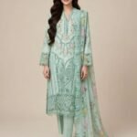 Mint Green Cutwork Embroidered 3 Piece Suit with Floral Ruffle Dupatta