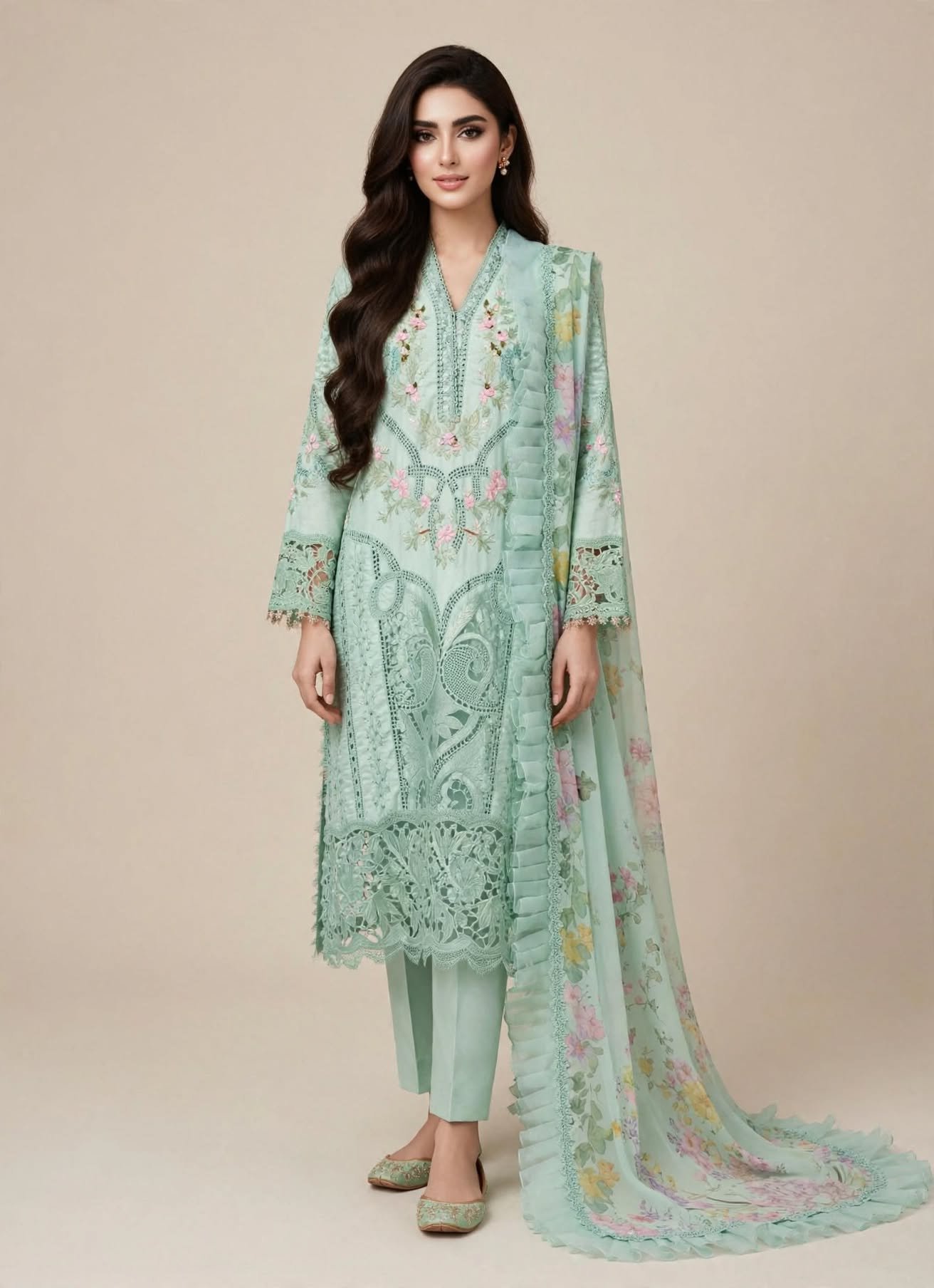 Maria-B-mint-cutwork-floral-3-piece-suit Mint Green Cutwork Embroidered 3 Piece Suit with Floral Ruffle Dupatta - Image 1